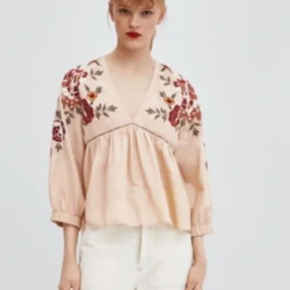 Zara TRF 3/4 Sleeve Embroidered Blouse